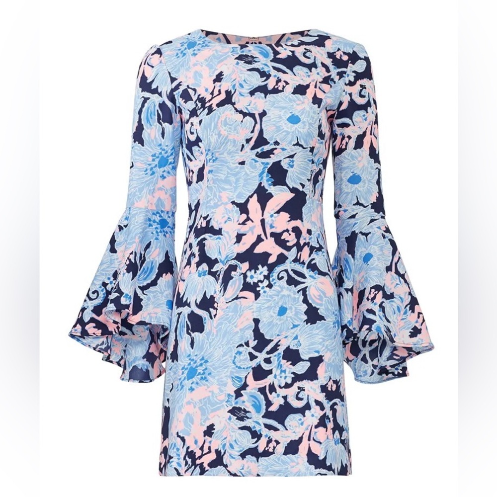 Lilly Pulitzer Kayla Stretch Dress Blue Floral Bell Sleeve Shift Size 2